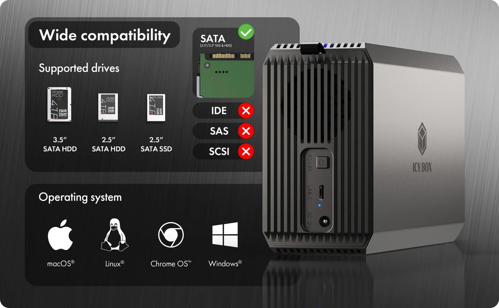 Icy Box „Raidsonic“ | Dviejų skyrių RAID sistema, HDD/SSD USB 3.2 (2 karta) su ventiliatoriumi | IB-RD3720-CU3