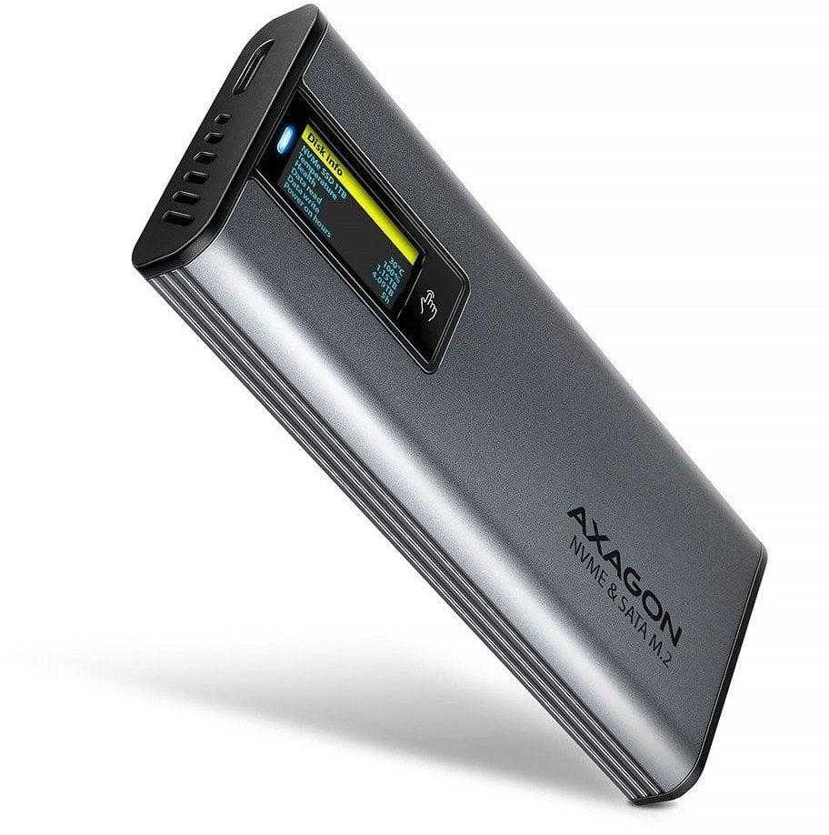 „AXAGON“ išorinė metalinė dėžutė su USB-C 10 Gbps prievadu ir informaciniu ekranu, skirta M.2 NVMe ir SATA SSD diskams | EEM2-SD2
