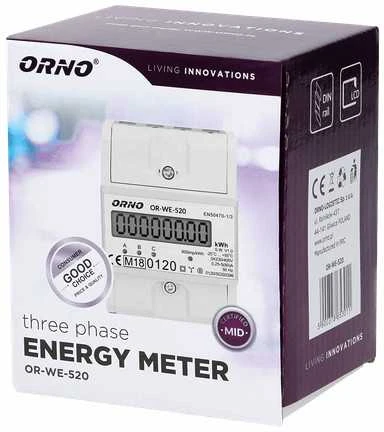 ORNO 3 fazių elektros skaitiklis, 80A, MID, 3 moduliai, DIN TH-35mm