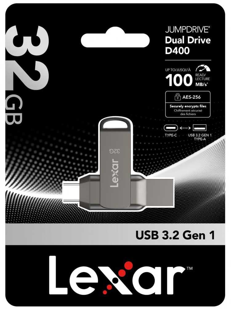 Lexar | 2 viename USB atmintinė, kurios skaitymo greitis siekia 100 MB/s | „JumpDrive Dual Drive D400“ | 32 GB | C ir A tipo USB 3.1 | Pilkas