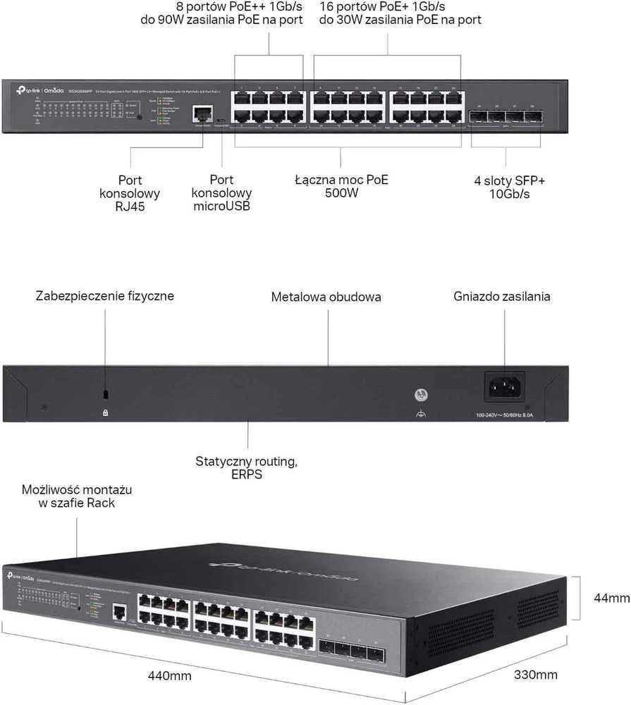 Šakotuvas TP-LINK | Komutatorius | SG3428XMPP Omada | Valdomas L2 | Montuojamas į lentyną | Gigabito Ethernet (varinis) jungčių kiekis: 24 | SFP+ jungčių kiekis: 4 | PoE+ jungčių kiekis: 16 ir 8x PoE++