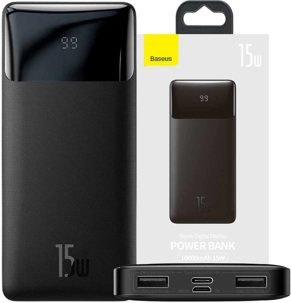 Baseus Bipow maitinimo blokas su ekranu 10000mAh 15W (Overseas Edition) (Juodas)