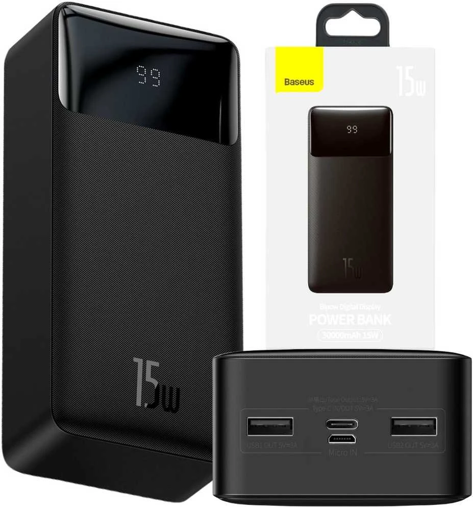 Išorinė baterija Power Bank Baseus Bipow Type-C PD+2xQuick Charge 3.0 15W 30000mAh su ekranu juoda PPBD050201