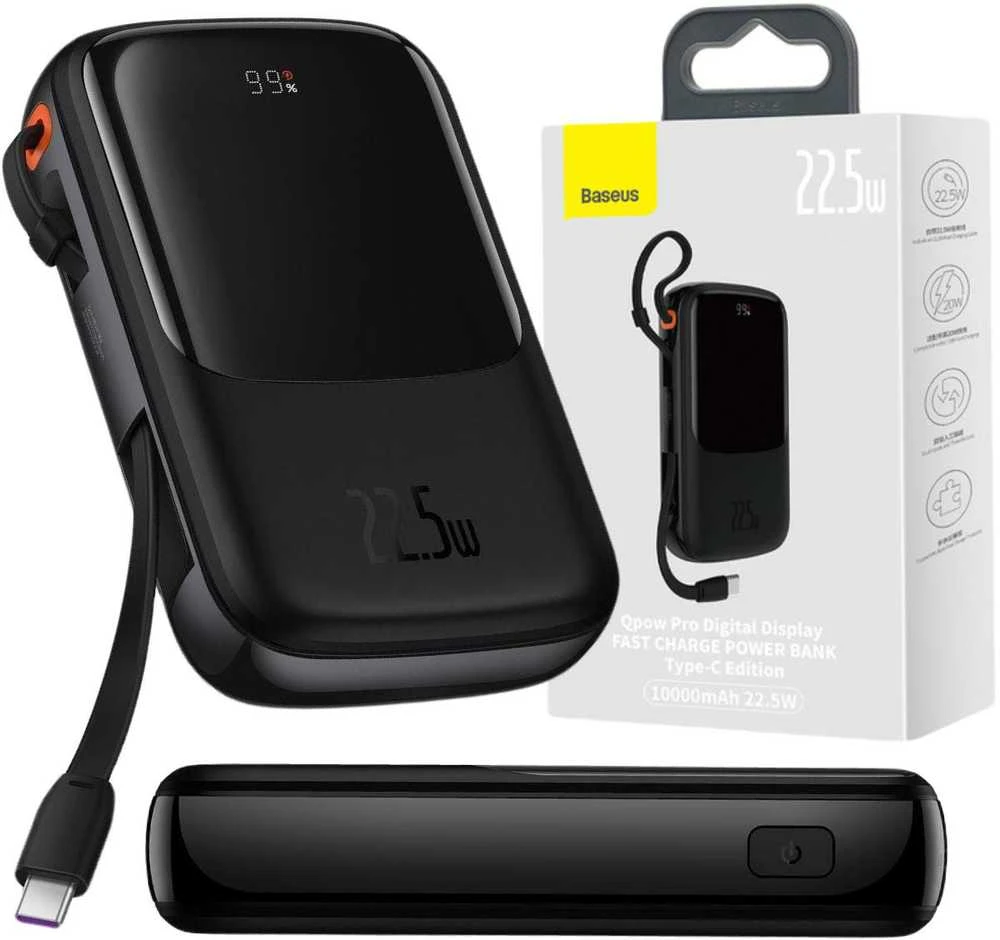 Powerbank Baseus Qpow PRO su laidu, 10000mAh, 22.5W (juodas)