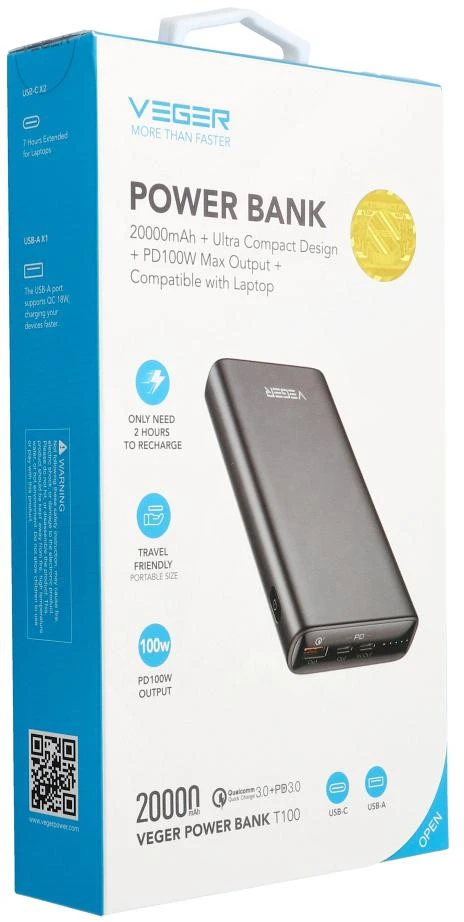 Powerbank Veger T100 (W2032C-100) PD QC3.0 5A 100W 20000 mAh juodas