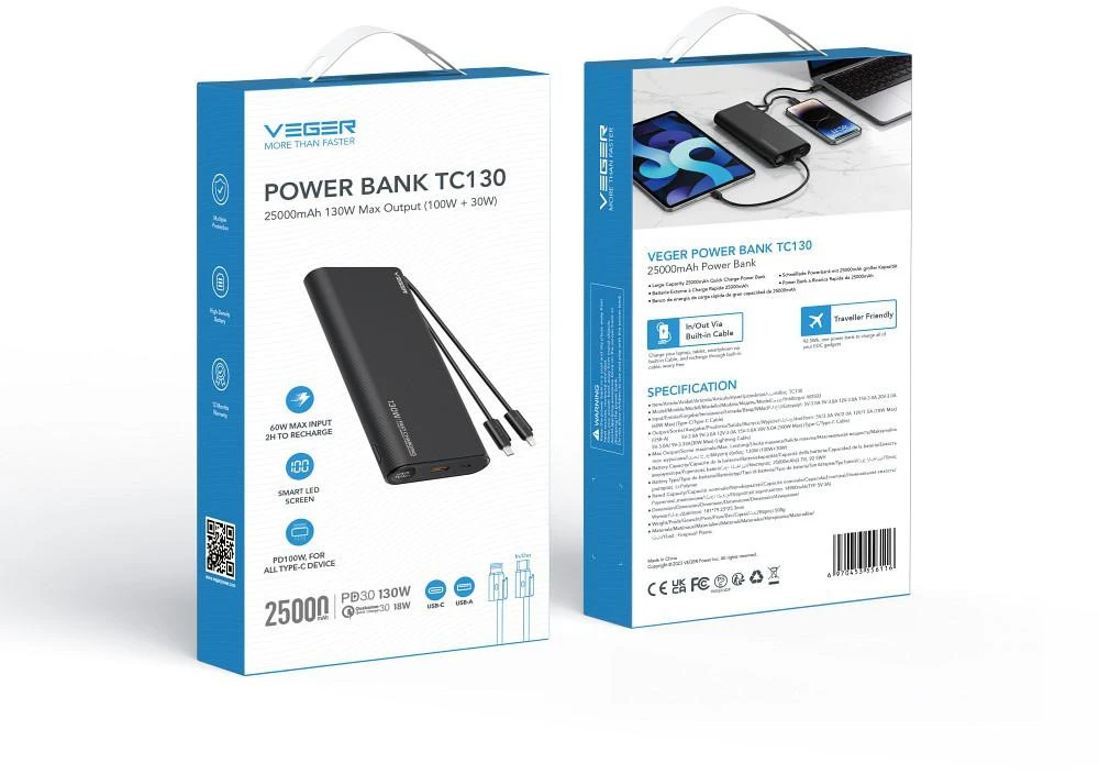 Nešiojamoji baterija Veger TCE130 (W2503) PD 130W 25000 mAh su integruotais C tipo laidais / Lightning juodas