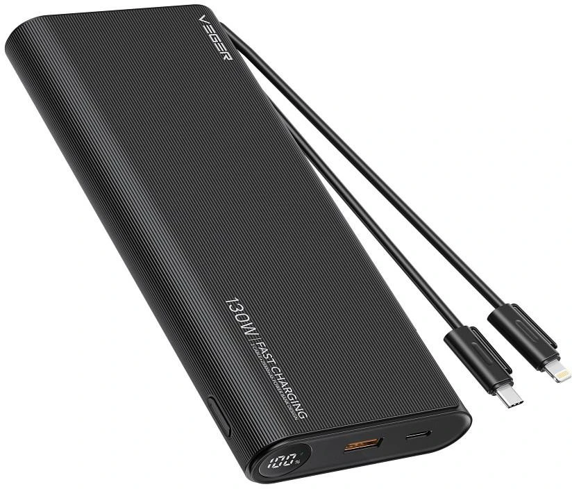 Nešiojamoji baterija Veger TCE130 (W2503) PD 130W 25000 mAh su integruotais C tipo laidais / Lightning juodas