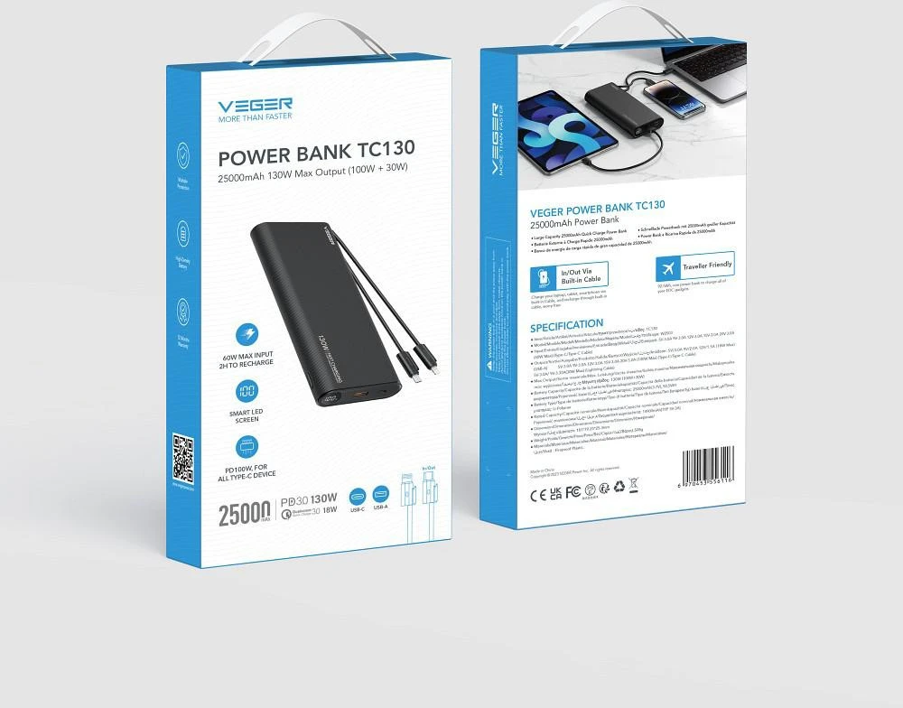 Nešiojamoji baterija Veger TCE130 (W2503) PD 130W 25000 mAh su integruotais C tipo laidais / Lightning juodas