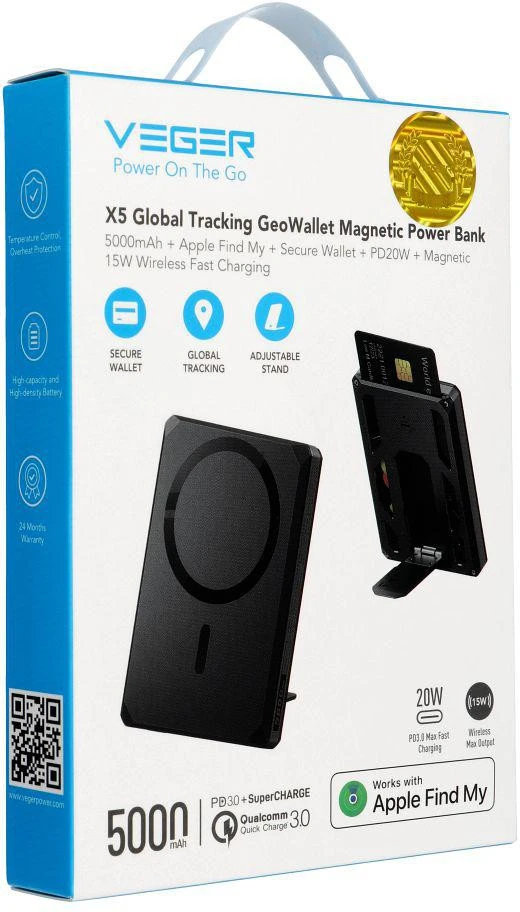 Powerbank Veger Wallet Tracker W0582 MFi PD 20W 5000 mAh juodas