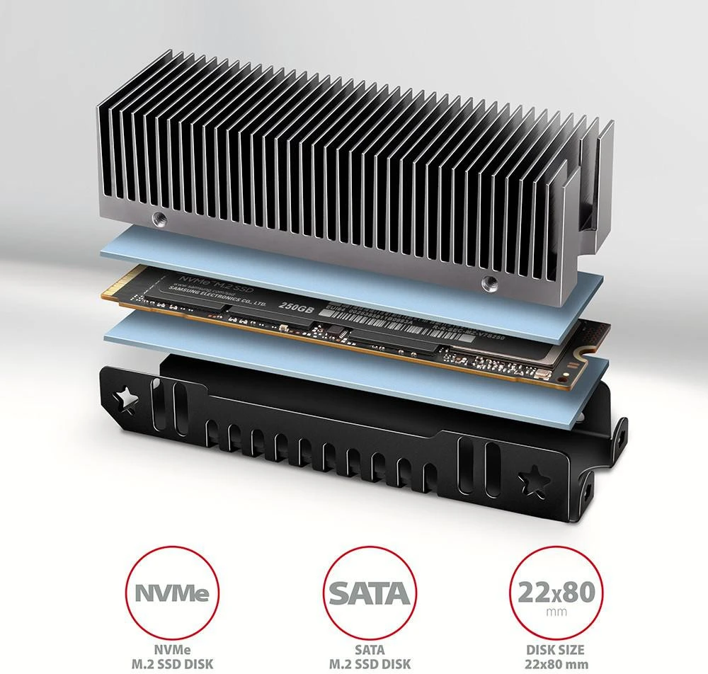 AXAGON CLR-M2XT pasyvus - M.2 SSD, 80 mm SSD, ALU korpusas, silikoninės šiluminės pagalvėlės, aukštis 20 mm
