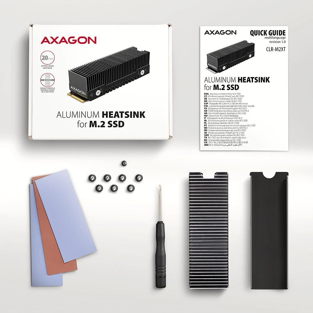AXAGON CLR-M2XT pasyvus - M.2 SSD, 80 mm SSD, ALU korpusas, silikoninės šiluminės pagalvėlės, aukštis 20 mm
