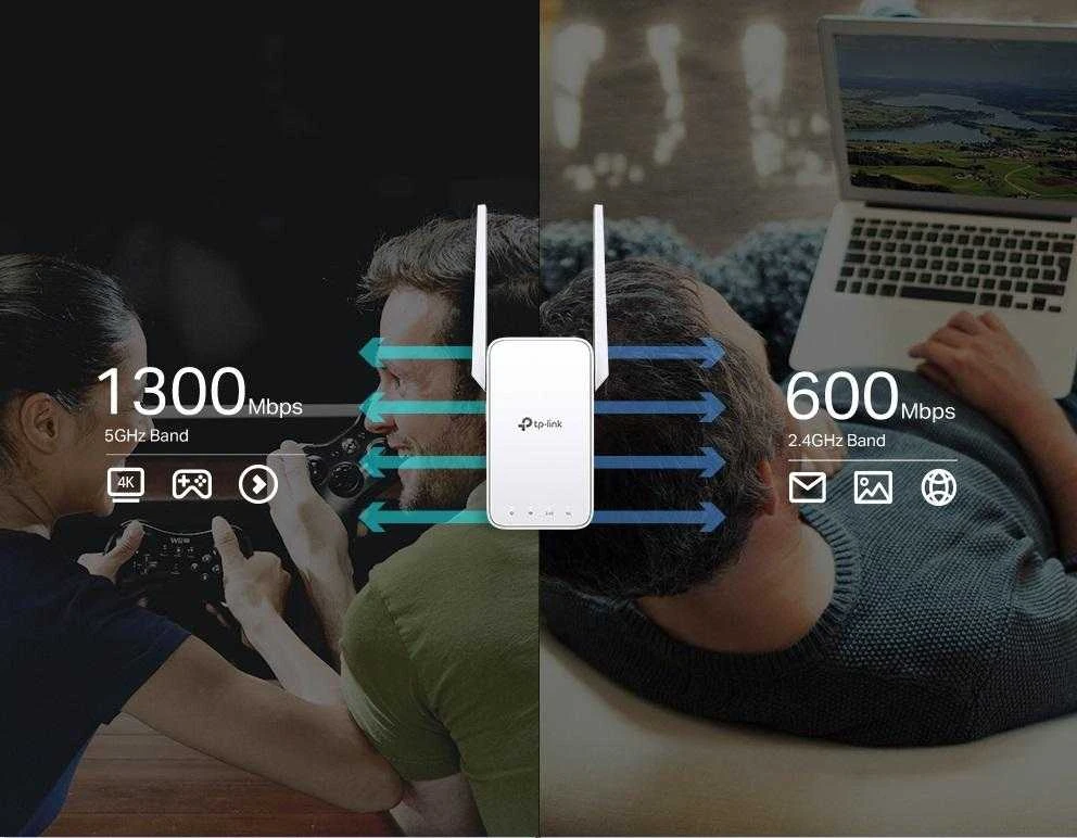TP-LINK | AC1900 „Wi-Fi“ diapazono plėtiklis | RE550 | 802.11ac | 2GHz/5GHz | 600+1300 Mbit/s | 10/100/1000 Mbit/s | Ethernet LAN (RJ-45) jungtys: 1 | MU-MiMO: Ne | ne PoE | Antenos tipas: 3 išorinės