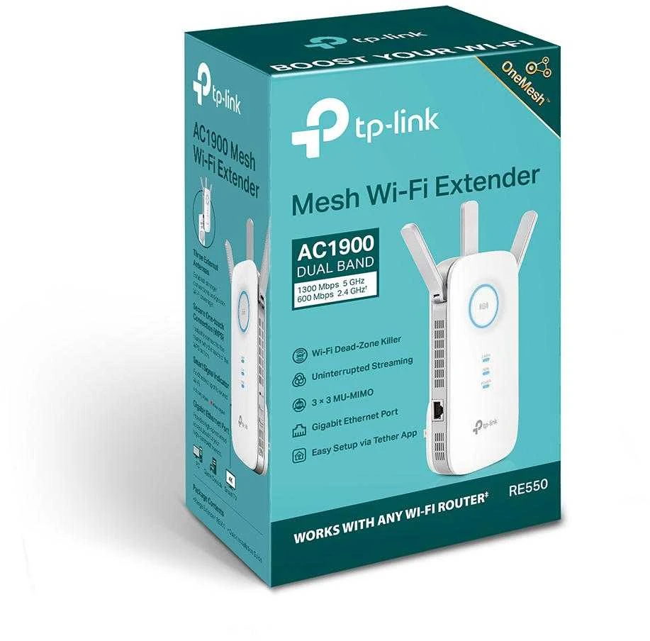 TP-LINK | AC1900 „Wi-Fi“ diapazono plėtiklis | RE550 | 802.11ac | 2GHz/5GHz | 600+1300 Mbit/s | 10/100/1000 Mbit/s | Ethernet LAN (RJ-45) jungtys: 1 | MU-MiMO: Ne | ne PoE | Antenos tipas: 3 išorinės