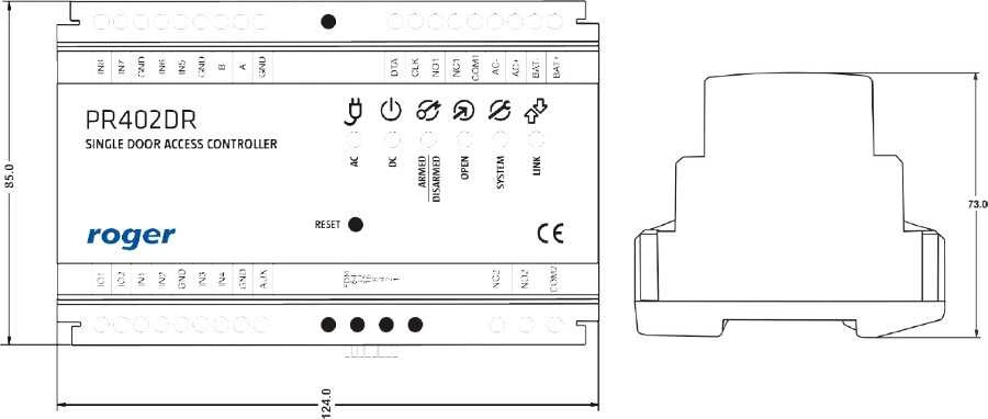 Roger PR402DR valdiklio matmenų schema