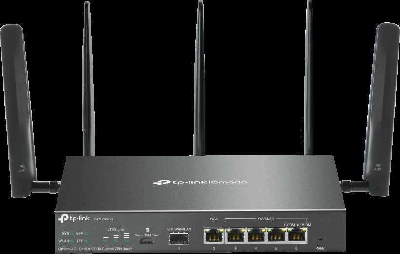 TP-LINK | Omada 4G+ Cat6 AX3000 Gigabit VPN Maršrutizatorius | ER706W-4G | 802.1q | 10/100/1000 Mbit/s | Mesh Support Yes | MU-MiMO Yes | Antenna type Detachable | 60 mėn.