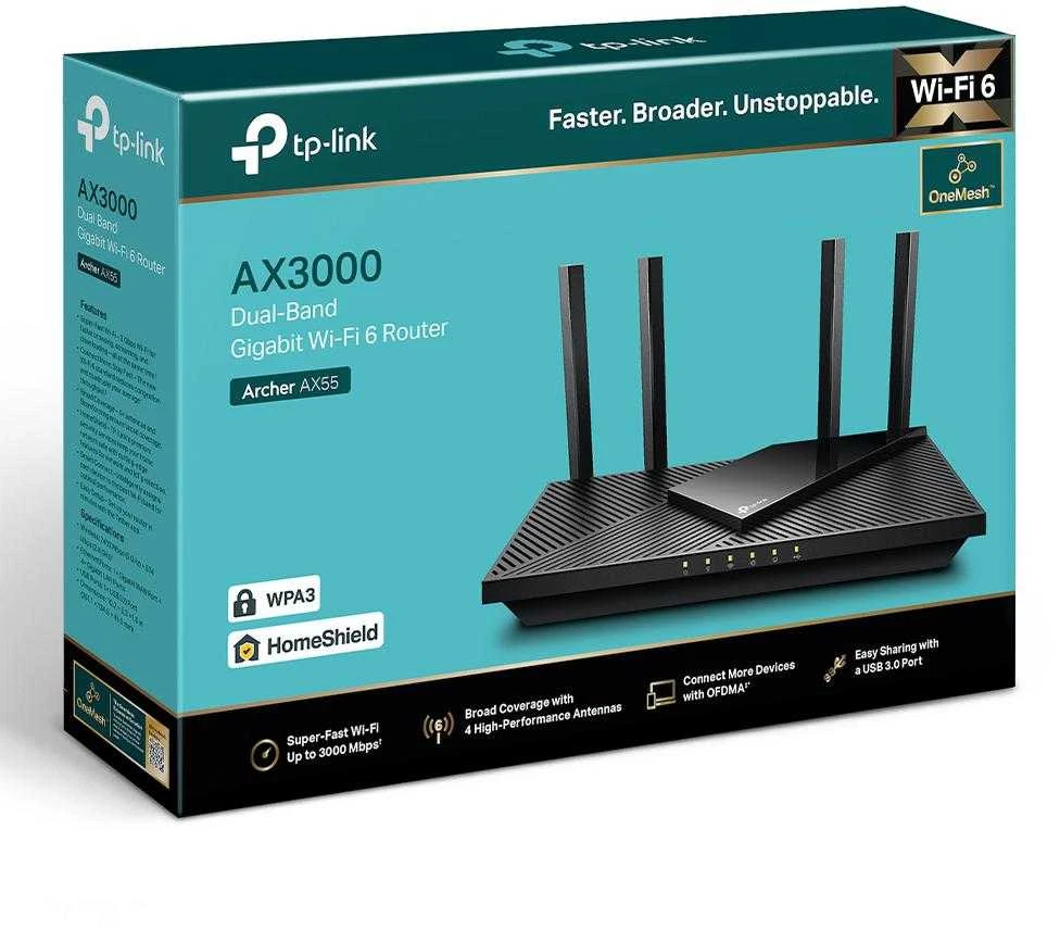 TP-LINK Dviejų juostų Wi-Fi 6 Maršrutizatorius Archer AX55 AX3000, 802.11ax, 10/100/1000 Mbit/s, Ethernet LAN (RJ-45) 4 jungtys