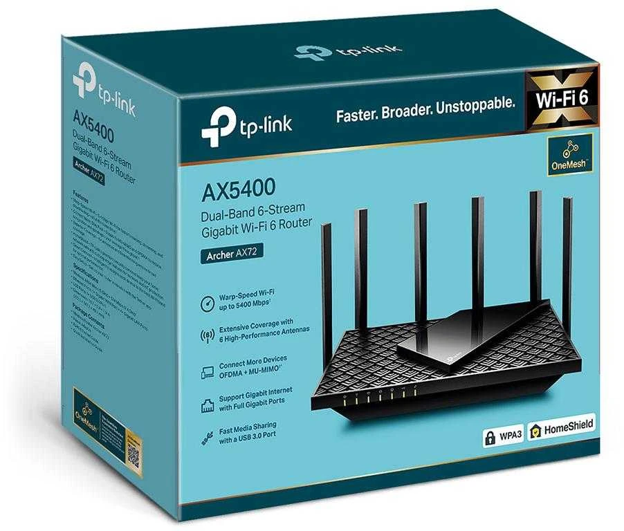 TP-LINK | Dviejų dažnių „Wi-Fi 6“ maršrutizatorius | Archer AX72 | 802.11ax | 10/100 Mbit/s | Ethernet LAN (RJ-45) jungtys 3 | Palaikomas tinklelis: ne | MU-MiMO: ne | nėra mobiliojo plačiajuosčio ryšio | antenos tipas: 4 fiksuotos, išorinės