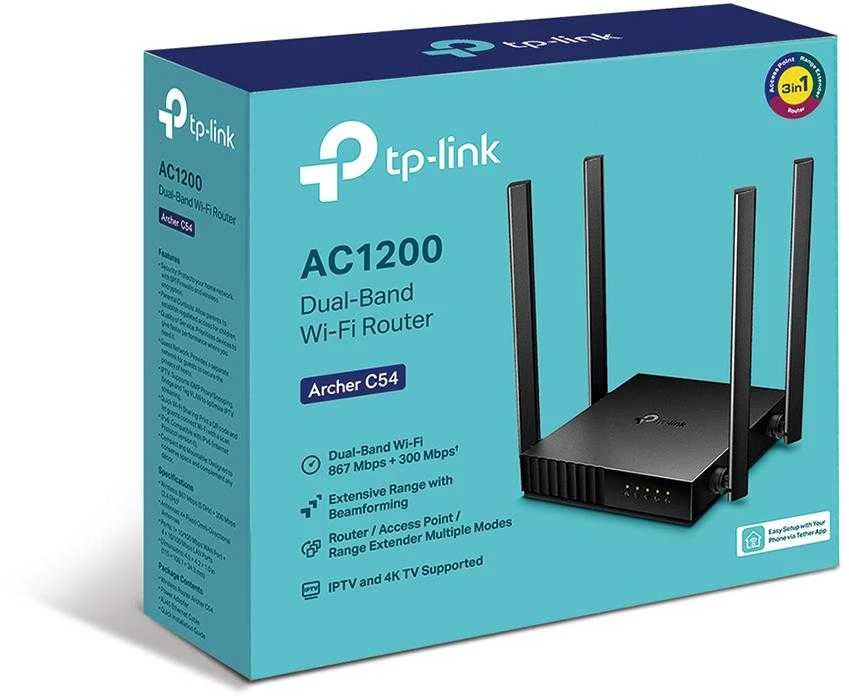 TP-LINK Archer C54 AC1200 dviejų dažnių WiFi maršrutizatorius, 4xLAN, 1xWAN, FE MU-MIMO, 3in1