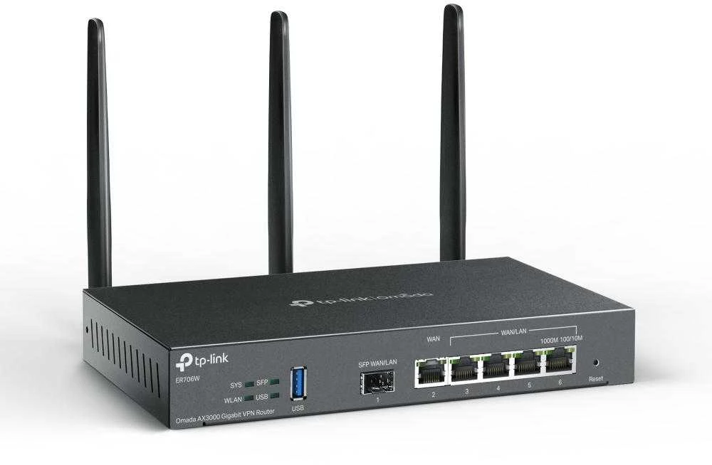 TP-LINK | „SafeStream“ gigabito „Multi-WAN VPN“ maršrutizatorius | ER706W | 802.1q | Ethernet LAN (RJ-45) jungtys 1× gigabito SFP WAN prievadas, 1× gigabito RJ45 WAN prievadas, 2x gigabito RJ45 LAN prievadai 2× gigabito WAN/LAN RJ45 prievadai | Tinklo palaikymas: Taip | MU-MiMO: Taip | 3G/4G per pasirenkamą USB adapterį | 60 mėn.