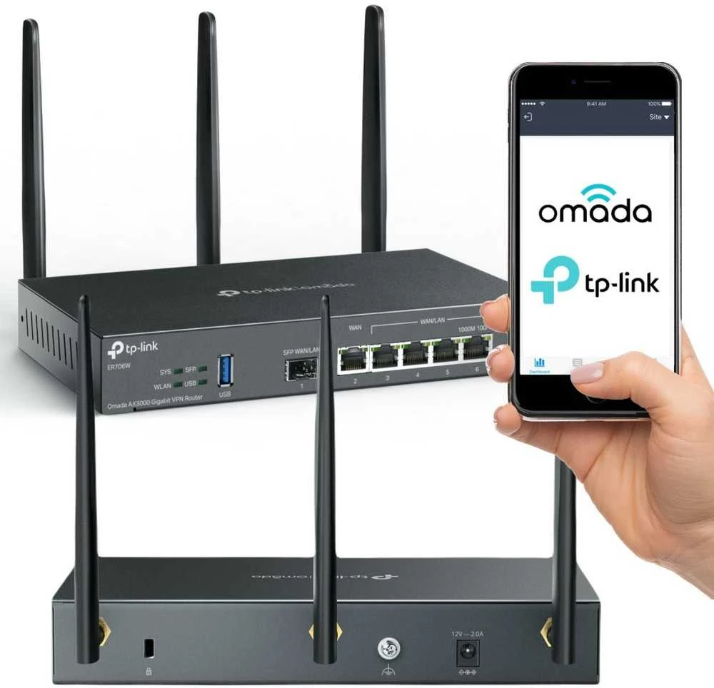 TP-LINK | „SafeStream“ gigabito „Multi-WAN VPN“ maršrutizatorius | ER706W | 802.1q | Ethernet LAN (RJ-45) jungtys 1× gigabito SFP WAN prievadas, 1× gigabito RJ45 WAN prievadas, 2x gigabito RJ45 LAN prievadai 2× gigabito WAN/LAN RJ45 prievadai | Tinklo palaikymas: Taip | MU-MiMO: Taip | 3G/4G per pasirenkamą USB adapterį | 60 mėn.
