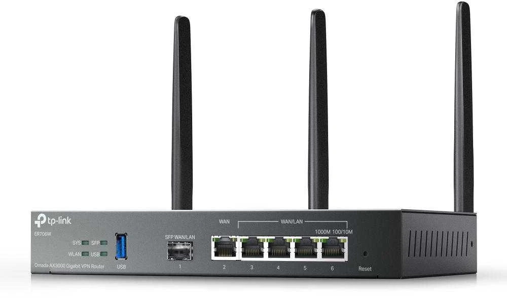 TP-LINK | „SafeStream“ gigabito „Multi-WAN VPN“ maršrutizatorius | ER706W | 802.1q | Ethernet LAN (RJ-45) jungtys 1× gigabito SFP WAN prievadas, 1× gigabito RJ45 WAN prievadas, 2x gigabito RJ45 LAN prievadai 2× gigabito WAN/LAN RJ45 prievadai | Tinklo palaikymas: Taip | MU-MiMO: Taip | 3G/4G per pasirenkamą USB adapterį | 60 mėn.