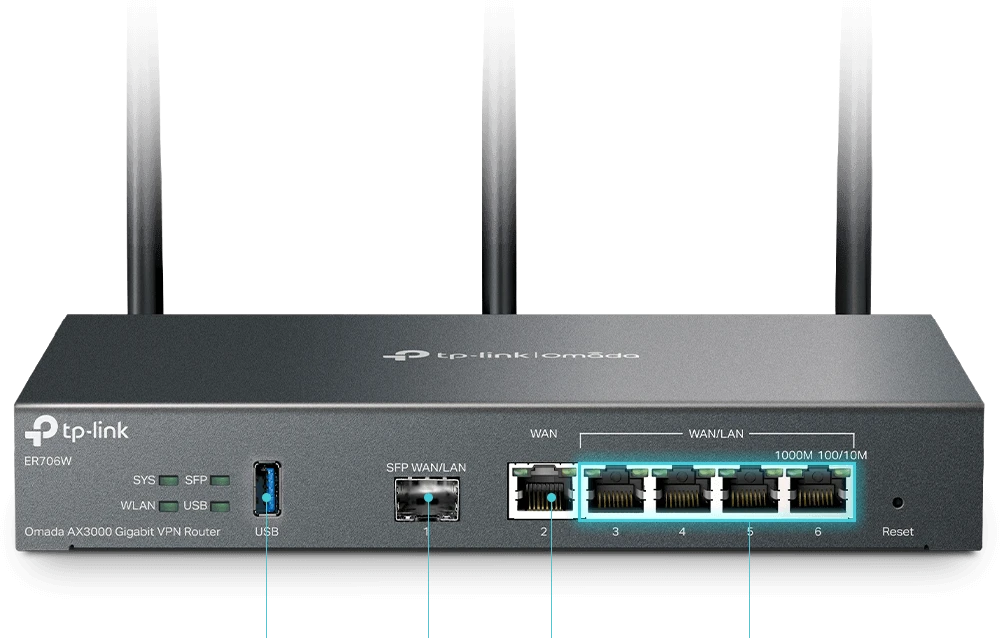 TP-LINK | „SafeStream“ gigabito „Multi-WAN VPN“ maršrutizatorius | ER706W | 802.1q | Ethernet LAN (RJ-45) jungtys 1× gigabito SFP WAN prievadas, 1× gigabito RJ45 WAN prievadas, 2x gigabito RJ45 LAN prievadai 2× gigabito WAN/LAN RJ45 prievadai | Tinklo palaikymas: Taip | MU-MiMO: Taip | 3G/4G per pasirenkamą USB adapterį | 60 mėn.