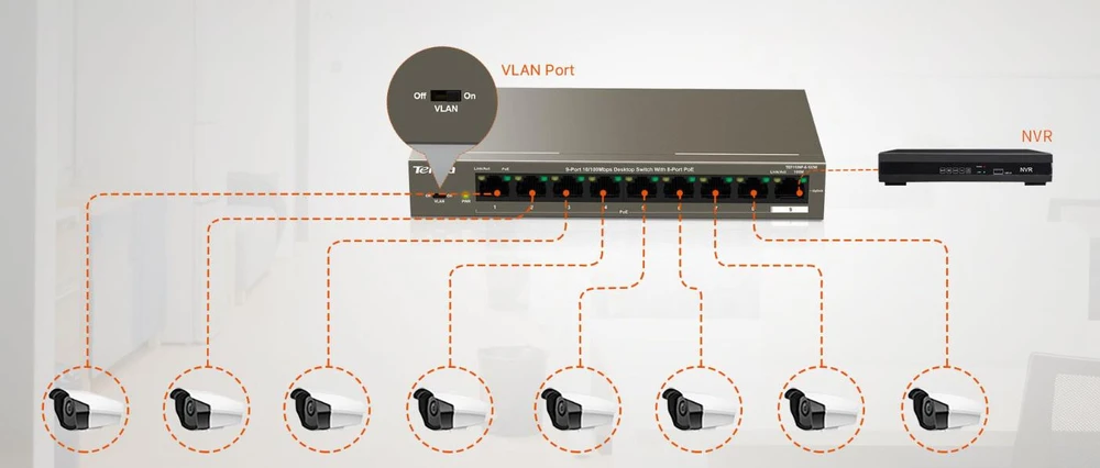 Šakotuvas Tenda TEF1109P-8-102W tinklo jungiklis Fast Ethernet (10/100) Power over Ethernet (PoE) Metallic