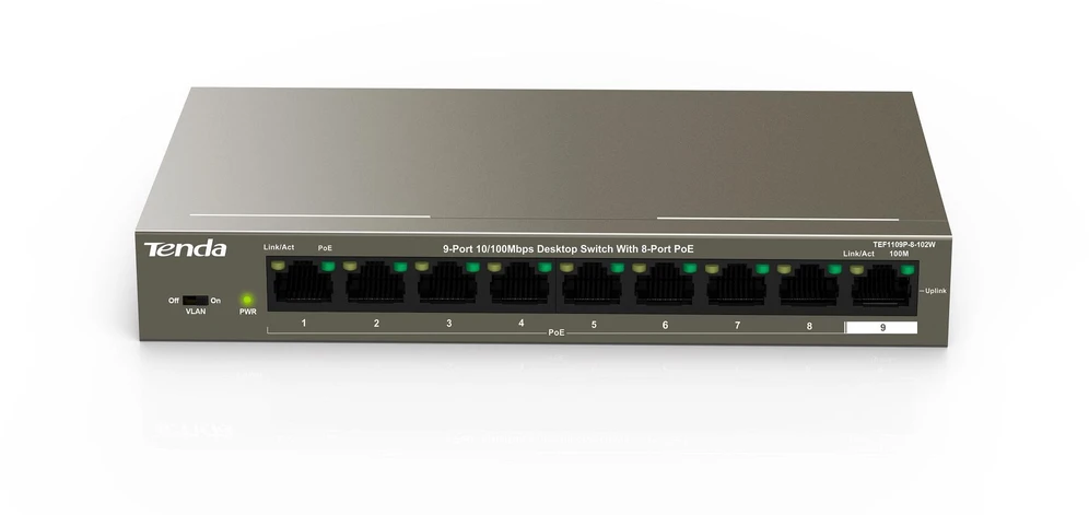Šakotuvas Tenda TEF1109P-8-102W tinklo jungiklis Fast Ethernet (10/100) Power over Ethernet (PoE) Metallic