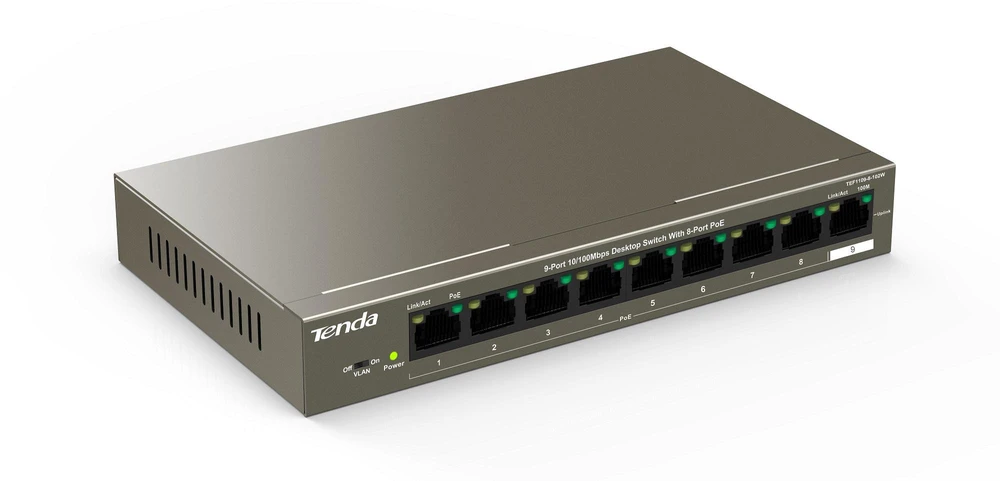 Šakotuvas Tenda TEF1109P-8-102W tinklo jungiklis Fast Ethernet (10/100) Power over Ethernet (PoE) Metallic