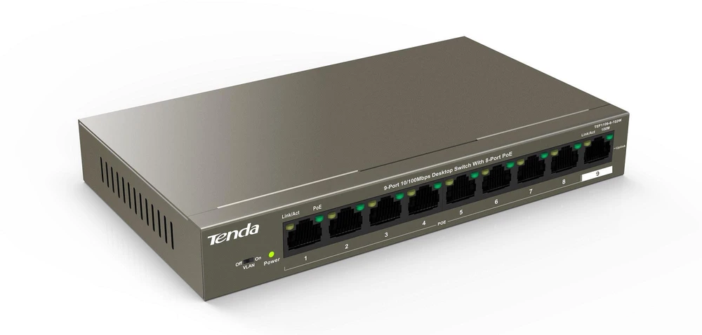Šakotuvas Tenda TEF1109P-8-102W tinklo jungiklis Fast Ethernet (10/100) Power over Ethernet (PoE) Metallic