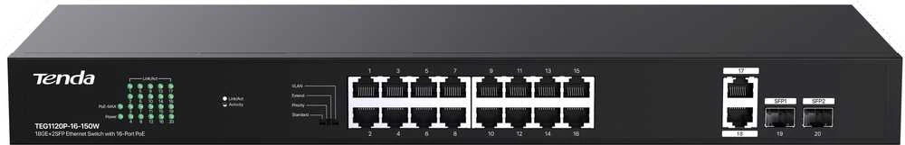 Šakotuvas Tenda TEG1120P-16-150W tinklo komutatorius Nevaldomas gigabito eternetas (10/100/1000) Maitinimas per eternetą (PoE)