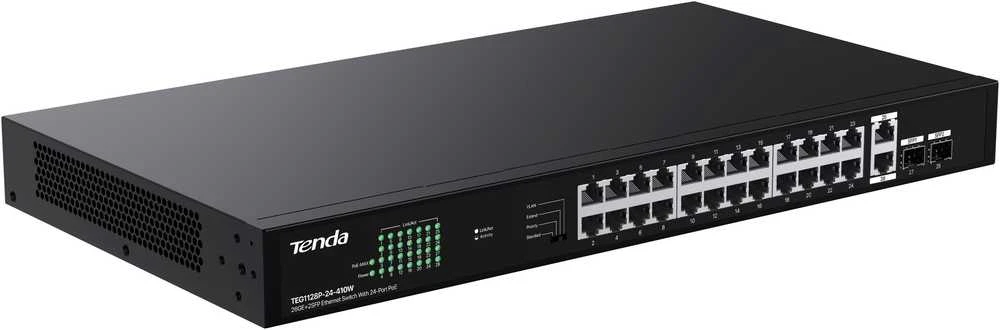 Šakotuvas Tenda TEG1128P-24-410W tinklo komutatorius nevaldomas gigabito eternetas (10/100/1000) su maitinimu per eternetą (PoE)