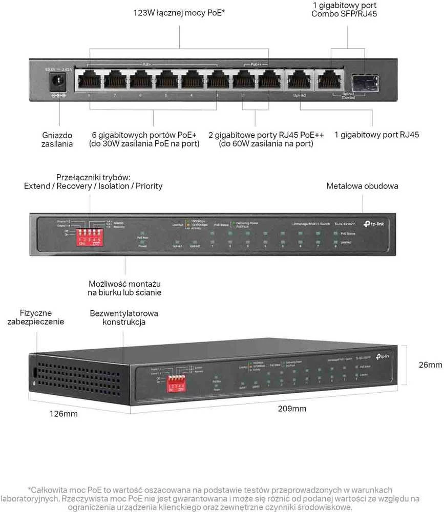 Šakotuvas TP-LINK | 10 prievadų Gigabit Desktop Switch su 6 prievadų PoE+ ir 2 prievadų PoE++ | TL-SG1210PP | Nevaldomas | Darbalaukis