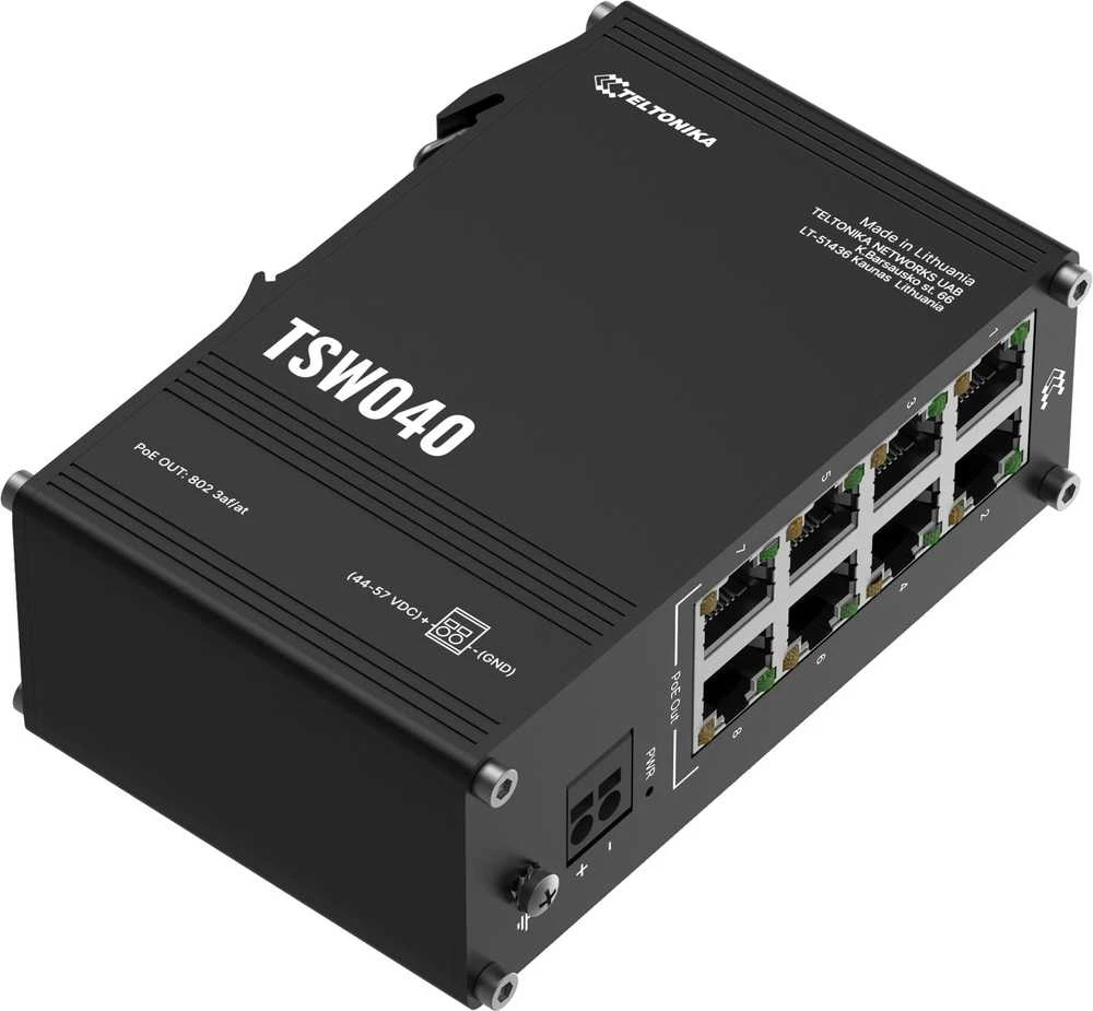 Šakotuvas Teltonika | Pramoninis komutatorius | TSW040 | Nevaldomas | Montuojamas ant DIN bėgelio | 10/100 Mbps (RJ-45) jungtys, kiekis: 8 | PoE+ jungtys, kiekis: 8 | Maitinimo šaltinio tipas: 2 kontaktų pramoninis nuolatinės srovės maitinimo lizdas