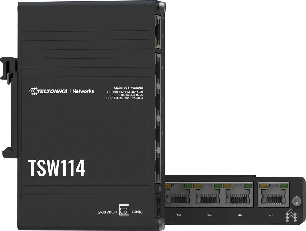 Šakotuvas Teltonika | DIN bėgelio komutatorius | TSW114 | Nevaldomas | Montuojamas ant sienos | Gigabito Ethernet (varinis) jungtys kiekis: 5 | Maitinimo šaltinio tipas: 2 kontaktų pramoninis nuolatinės srovės maitinimo lizdas