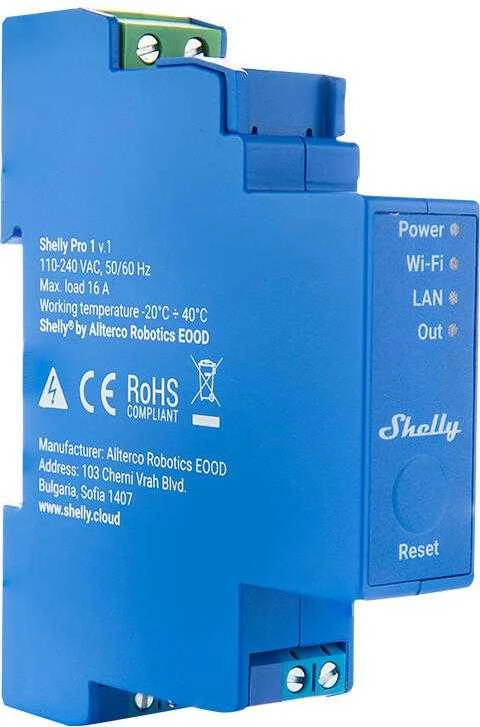 Shelly PRO 1 išmanioji 1 kanalo relė valdoma Wifi LAN ar Bluetooth montuojama ant DIN bėgelio