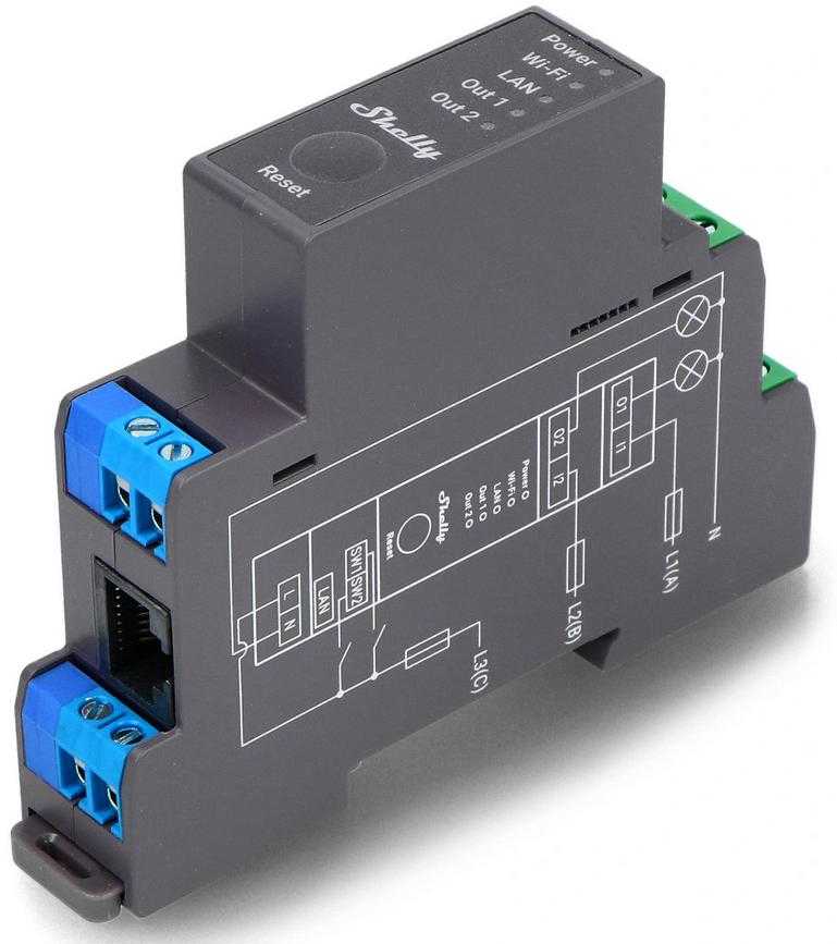 Shelly PRO 2 išmanioji 2 kanalų relė valdoma Wifi LAN ar Bluetooth montuojama ant DIN bėgelio