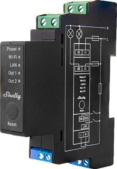 Shelly PRO 2PM išmanioji 2 kanalų relė su elektros sąnaudų matavimu valdoma Wifi LAN Bluetooth montuojama ant DIN bėgelio
