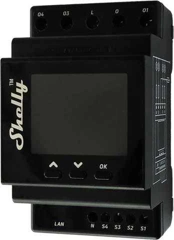 Shelly Pro 4PM 4 kanalų DIN bėgio relė jungiklis su Wi-Fi, LAN ir Bluetooth ryšiu
