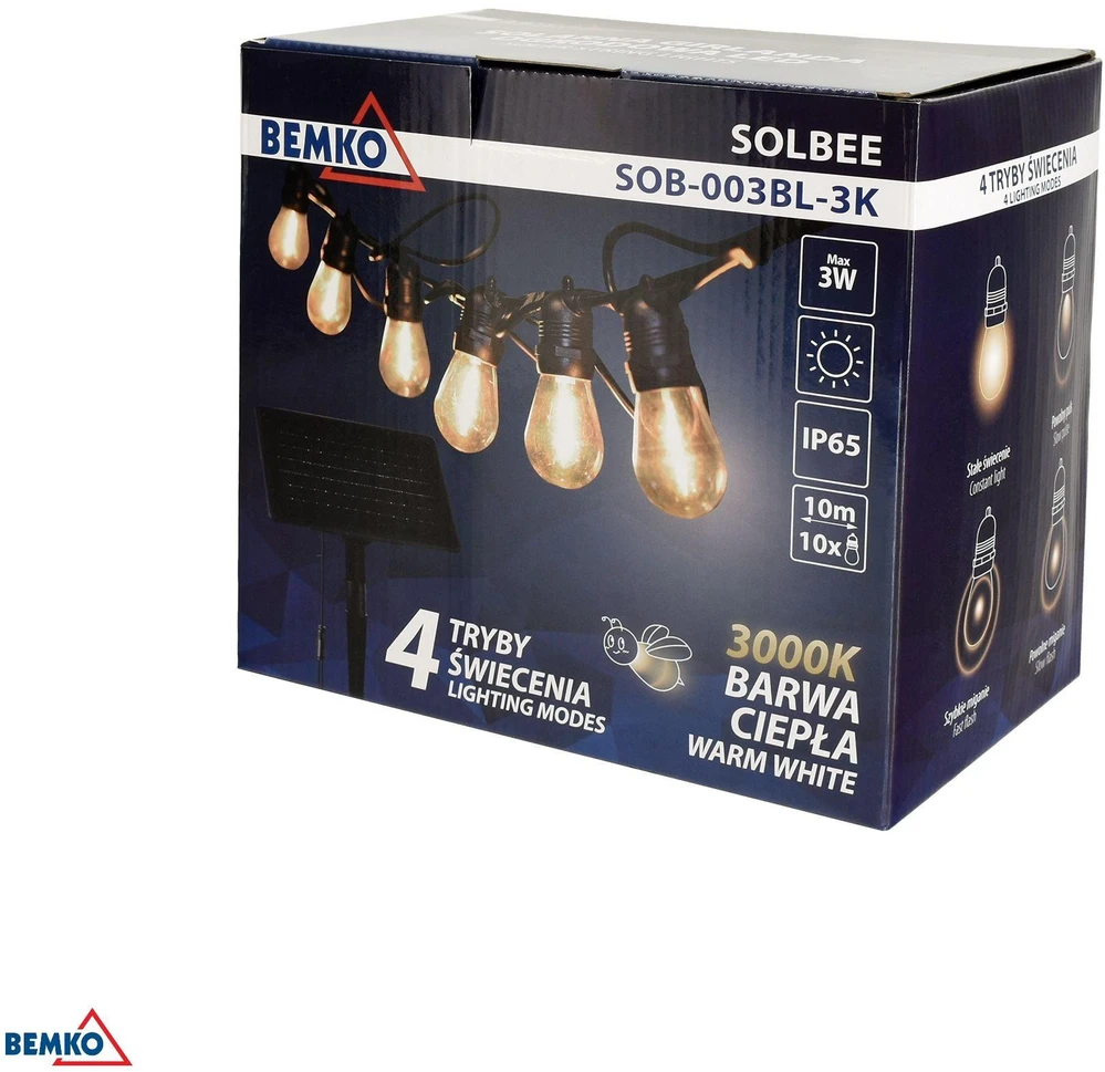 SOLARNA GIRLANDA OGRODOWA LED BEMKO SOLBEE 3W 3000K 10SZT 10M IP65 Juoda C83-SOB-003BL-3K