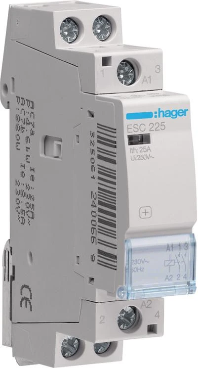 Kontaktorius Hager ESC225 (1P, 25A, 230V, 2NO, 1 mod.)
