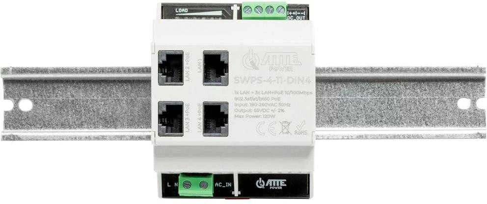 Šakotuvas Atte SWPS-4-11-DIN4 4 prievadų PoE komutatorius su integruotu maitinimo šaltiniu TH35 bėgeliui, 55 V, 120 W