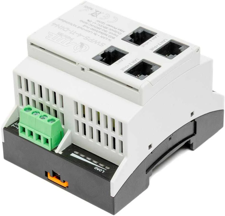 Šakotuvas Atte SWPS-4-11-DIN4 4 prievadų PoE komutatorius su integruotu maitinimo šaltiniu TH35 bėgeliui, 55 V, 120 W