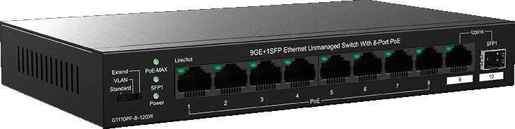 Šakotuvas „Tenda TEG1110PF-8-120W“ tinklo komutatorius, nevaldomas gigabito eternetas (10/100/1000), maitinimas per eternetą (PoE), Juodas