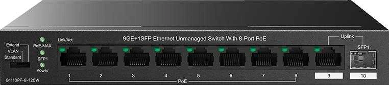 Šakotuvas „Tenda TEG1110PF-8-120W“ tinklo komutatorius, nevaldomas gigabito eternetas (10/100/1000), maitinimas per eternetą (PoE), Juodas