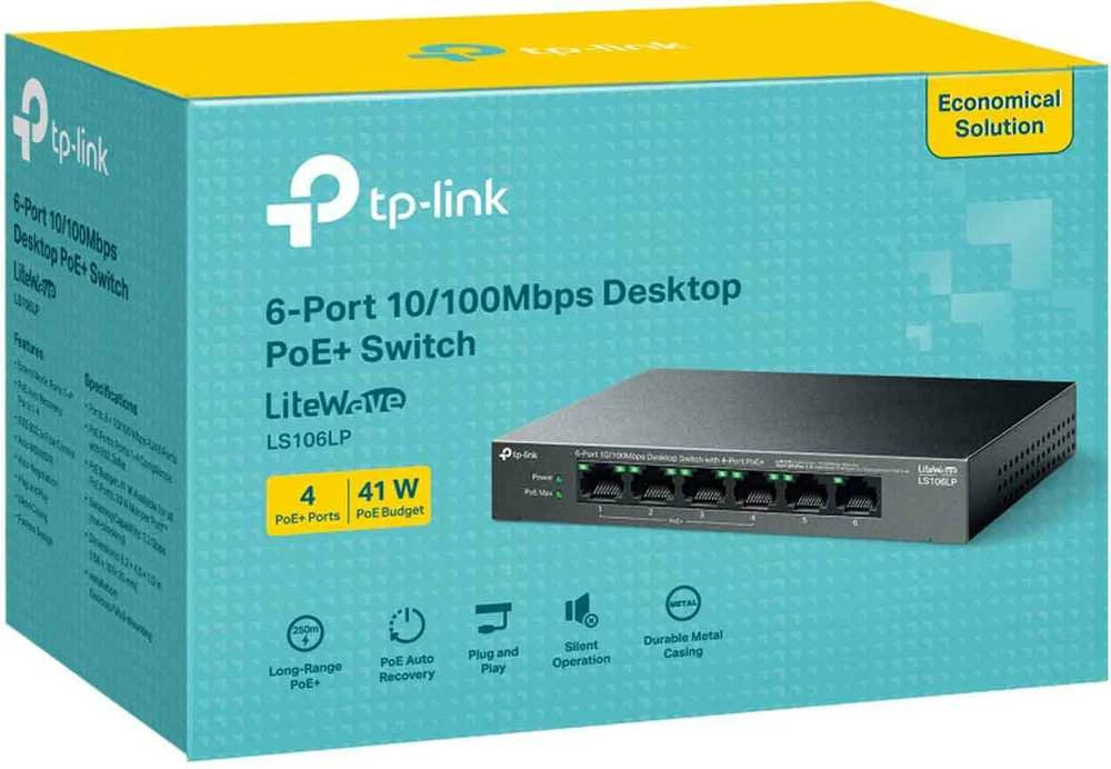 Šakotuvas TP-LINK | 6 prievadų 10/100 Mbps darbalaukio jungiklis su 4 prievadų PoE | LS106LP | Nevaldomas | Darbalaukis