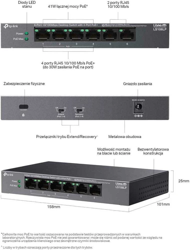 Šakotuvas TP-LINK | 6 prievadų 10/100 Mbps darbalaukio jungiklis su 4 prievadų PoE | LS106LP | Nevaldomas | Darbalaukis