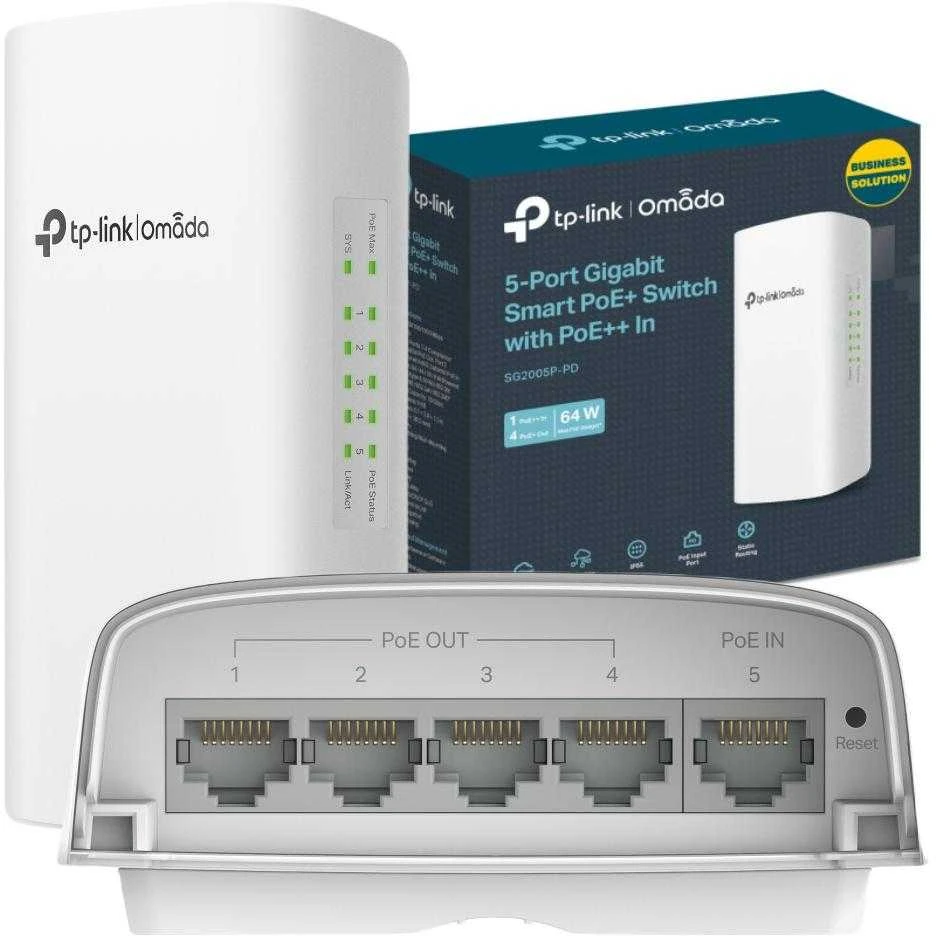 Šakotuvas TP-LINK | 5 prievadų gigabito išmanusis komutatorius su 1 prievado „PoE++“ įvestimi ir 4 prievadų „PoE+“ išvestimi | SG2005P-PD Omada | Valdomas L2+ | Stalinis kompiuteris