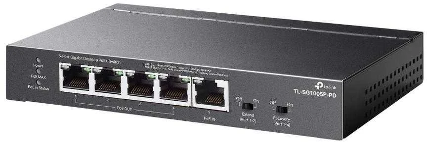 Šakotuvas TP-LINK | 5 prievadų gigabito stalinis komutatorius su 4 prievadų PoE | TL-SG1005P-PD | Nevaldomas | Tvirtinamas prie darbalaukio / sienos
