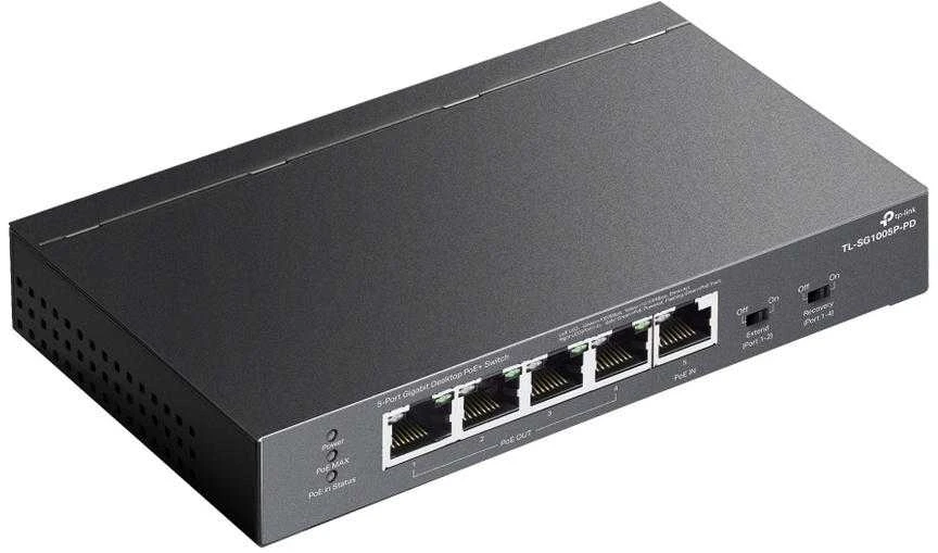 Šakotuvas TP-LINK | 5 prievadų gigabito stalinis komutatorius su 4 prievadų PoE | TL-SG1005P-PD | Nevaldomas | Tvirtinamas prie darbalaukio / sienos